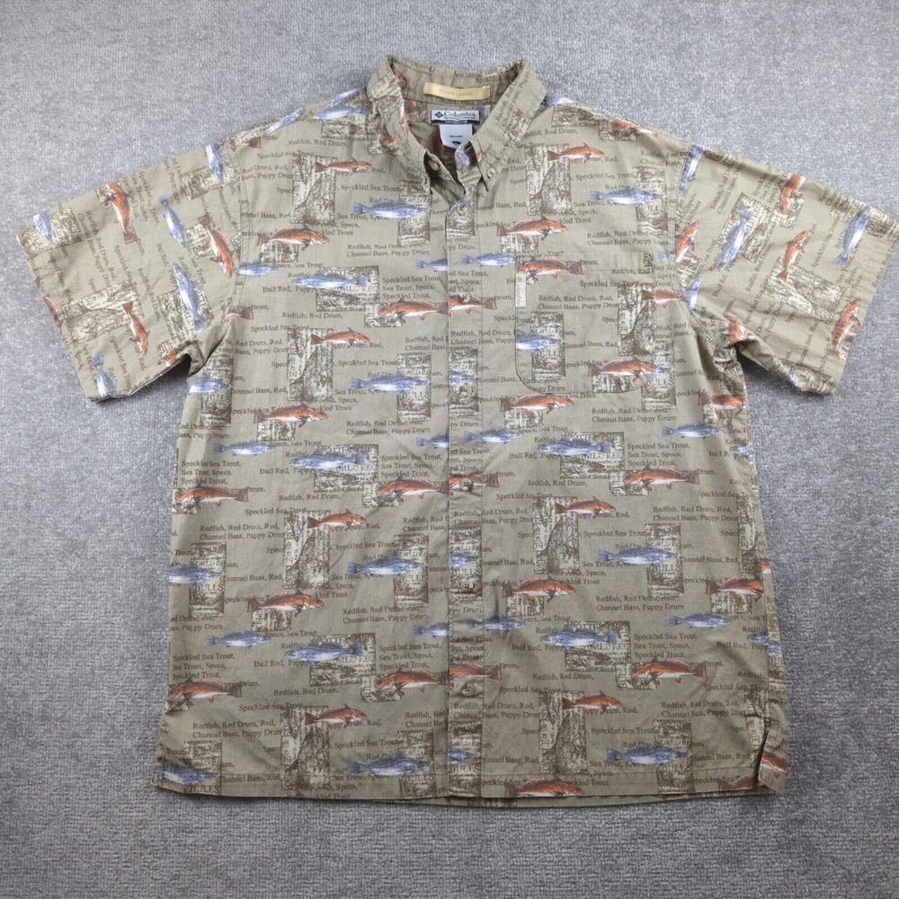 Columbia Shirt Mens Large River Lodge Button Down Short Sleeve All Over Fishing